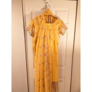 Women's Saree Orange Yellow Pink White Flowers 3 Piece Indian Heritage Inc